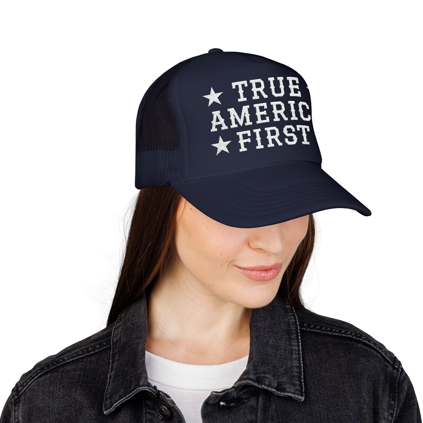 True America First Embroidered Trucker Hat - Patriotic Red Mesh Cap