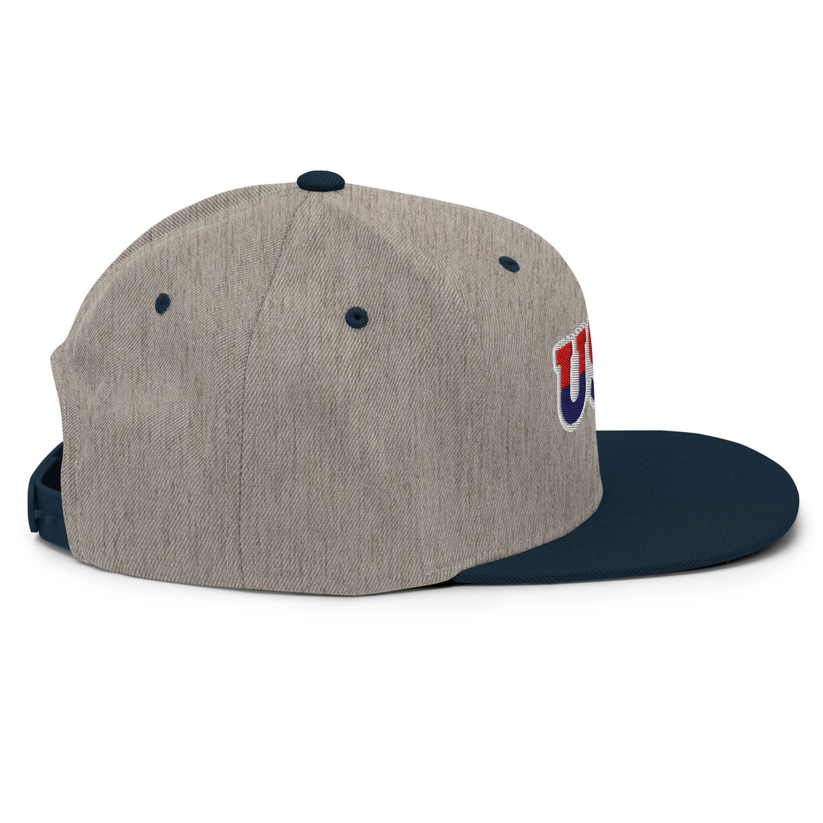 USA Puff Arched Split Premium Embroidered Snapback in Heather Grey/Navy right side | True American