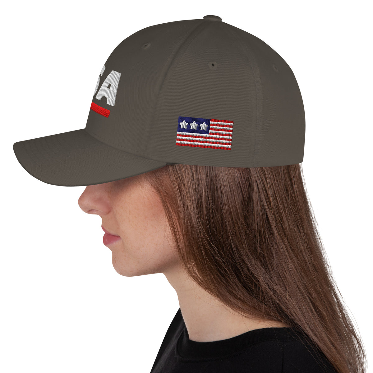 USA Puff Athletic Premium Embroidered Flexfit Cap Dark Grey left side flag | True American