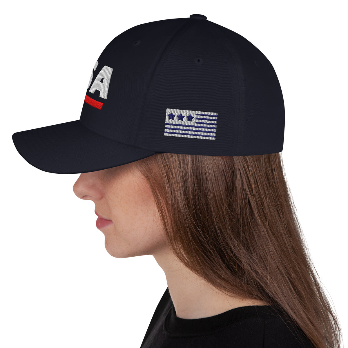 USA Puff Athletic Premium Embroidered Flexfit Cap Navy left side flag | True American