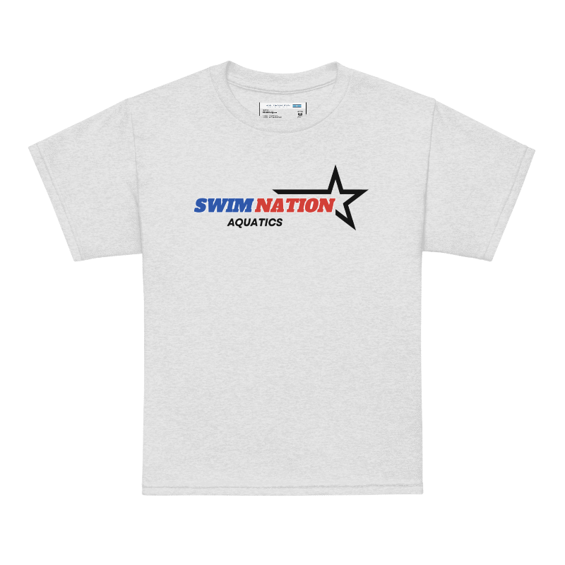 White t-shirt with 'Swim Nation Aquatics' logo on a white background