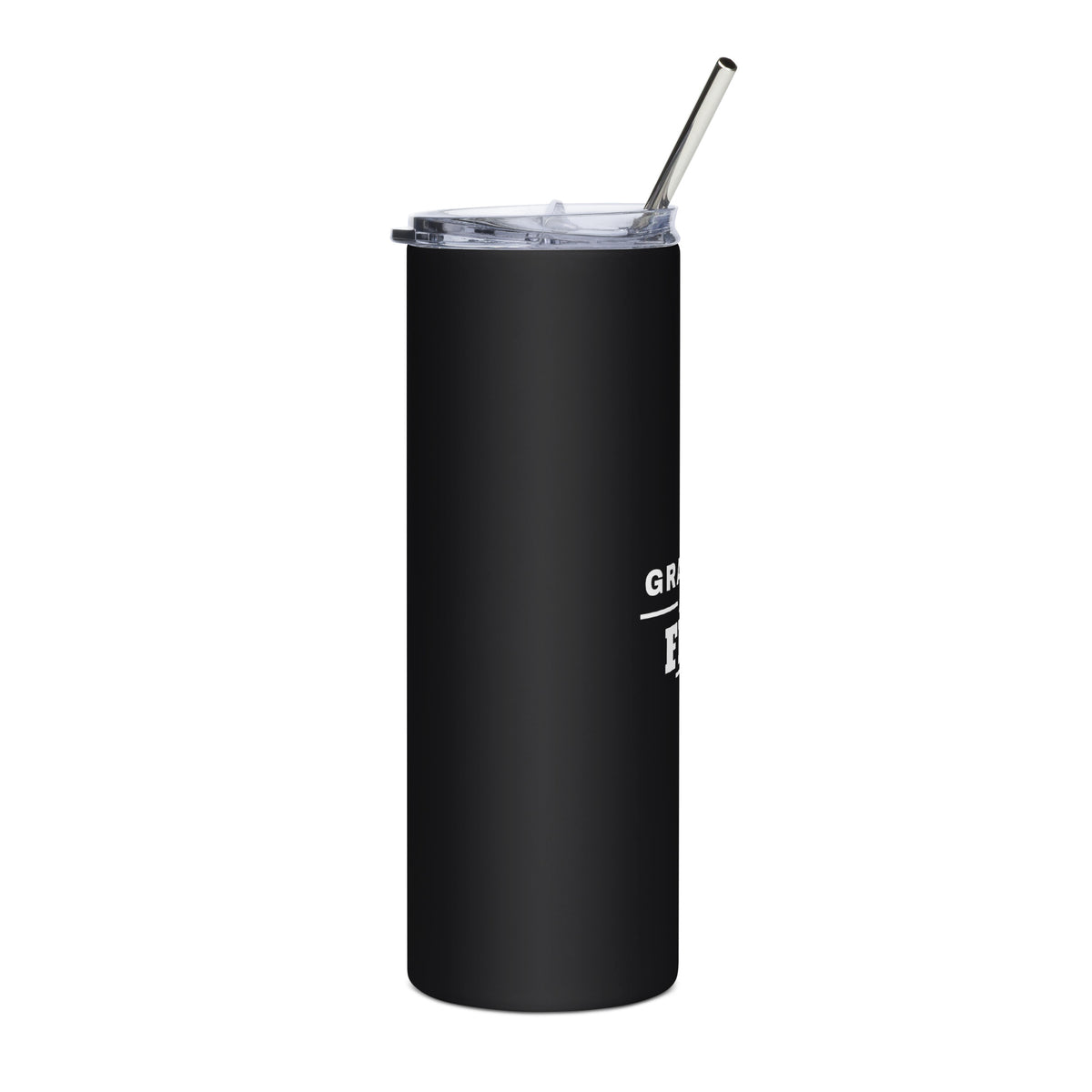 Grateful and Free 20oz black stainless steel tumbler with white print, right side | True American