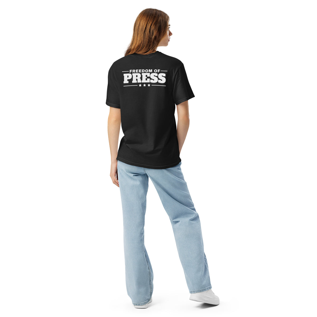 First Amendment Auditor Heavyweight Tee Black on model back, relaxed fit | True American