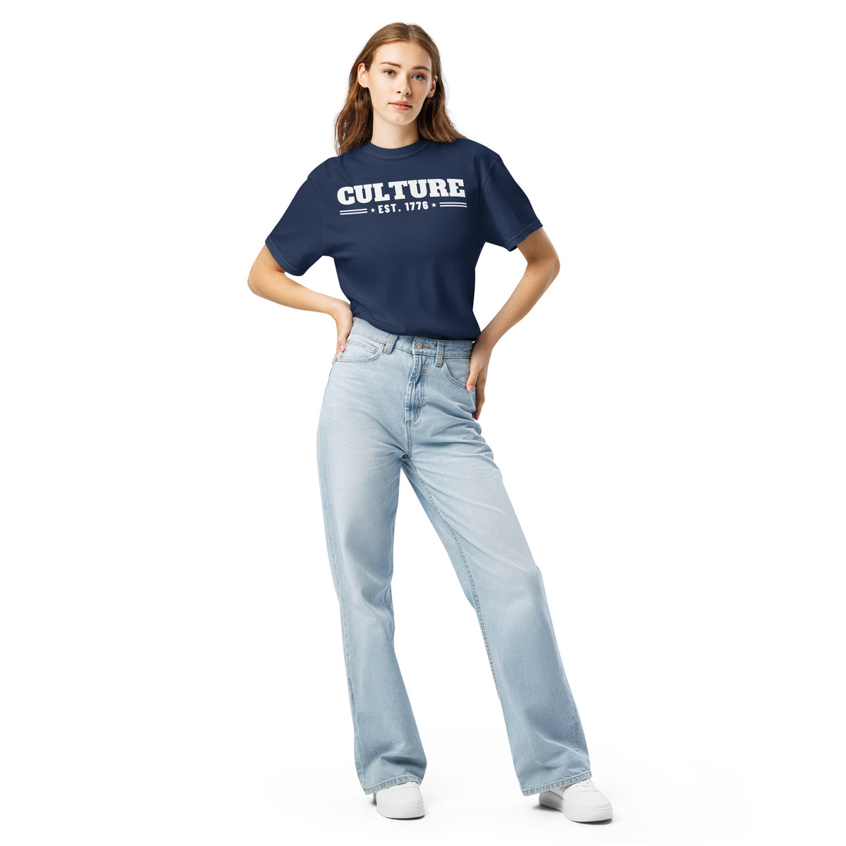 Culture Est. 1776 Stacked Tee in True Navy, front, on female model | True American