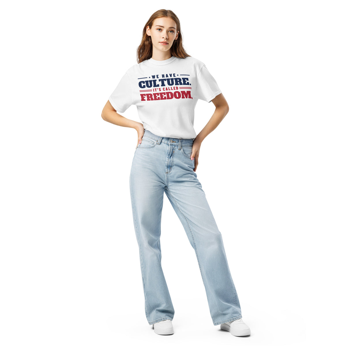 We Have Culture It's Called Freedom Stacked Tee in White, front, on female model | True American