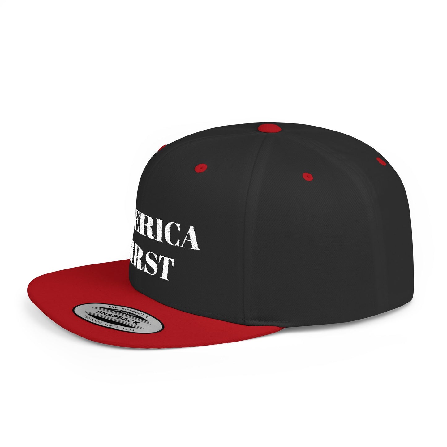 Personalized America First Flat Bill Snapback Hat — Patriotic Distressed Baseball Cap