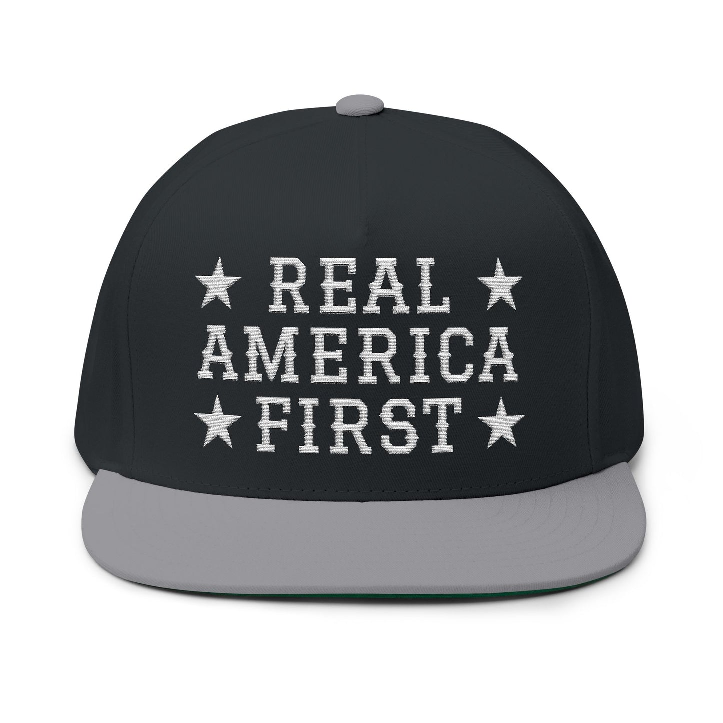 "Real America First" Embroidered Patriotic Snapback Flat Bill Cap | Five-Panel High-Profile