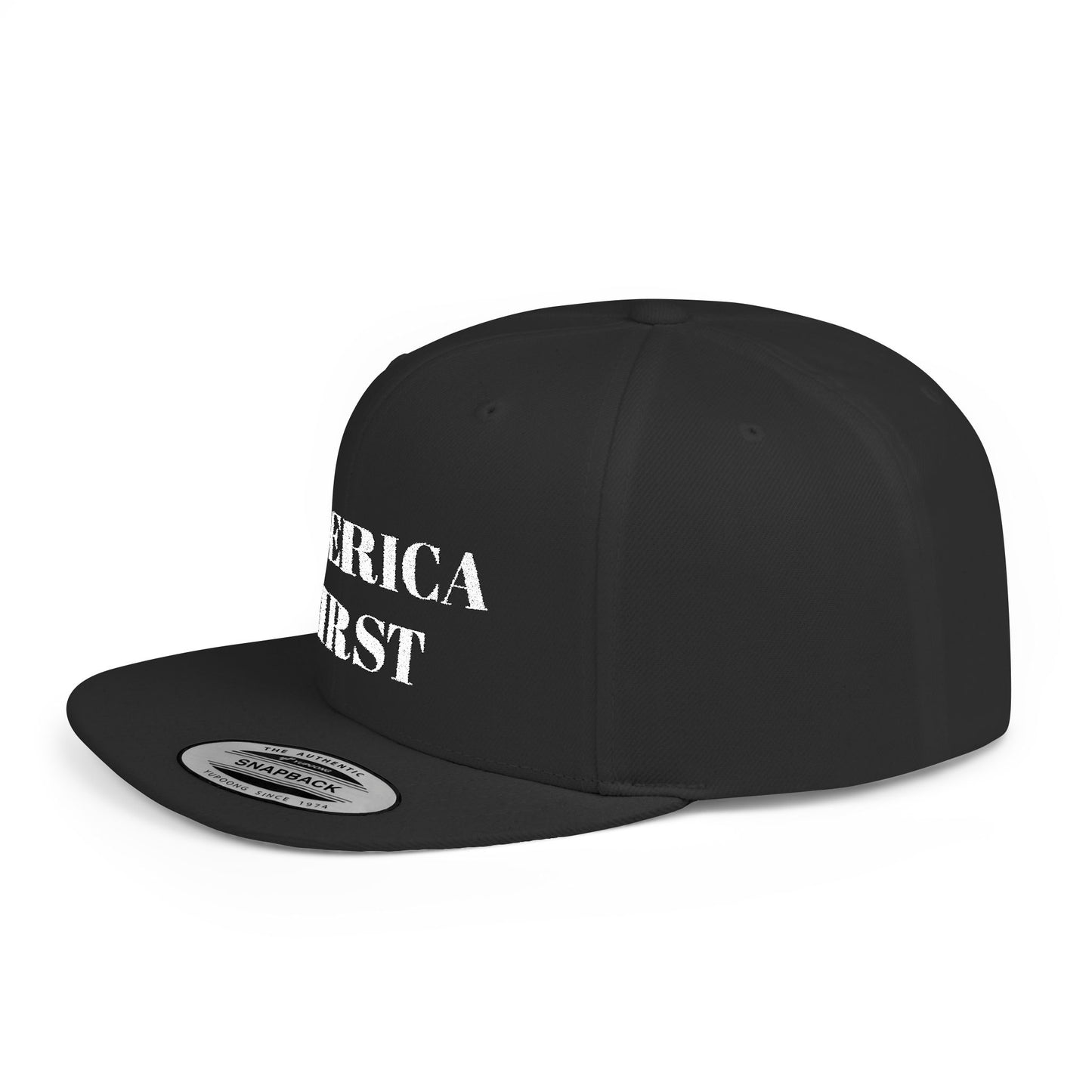 Personalized America First Flat Bill Snapback Hat — Patriotic Distressed Baseball Cap