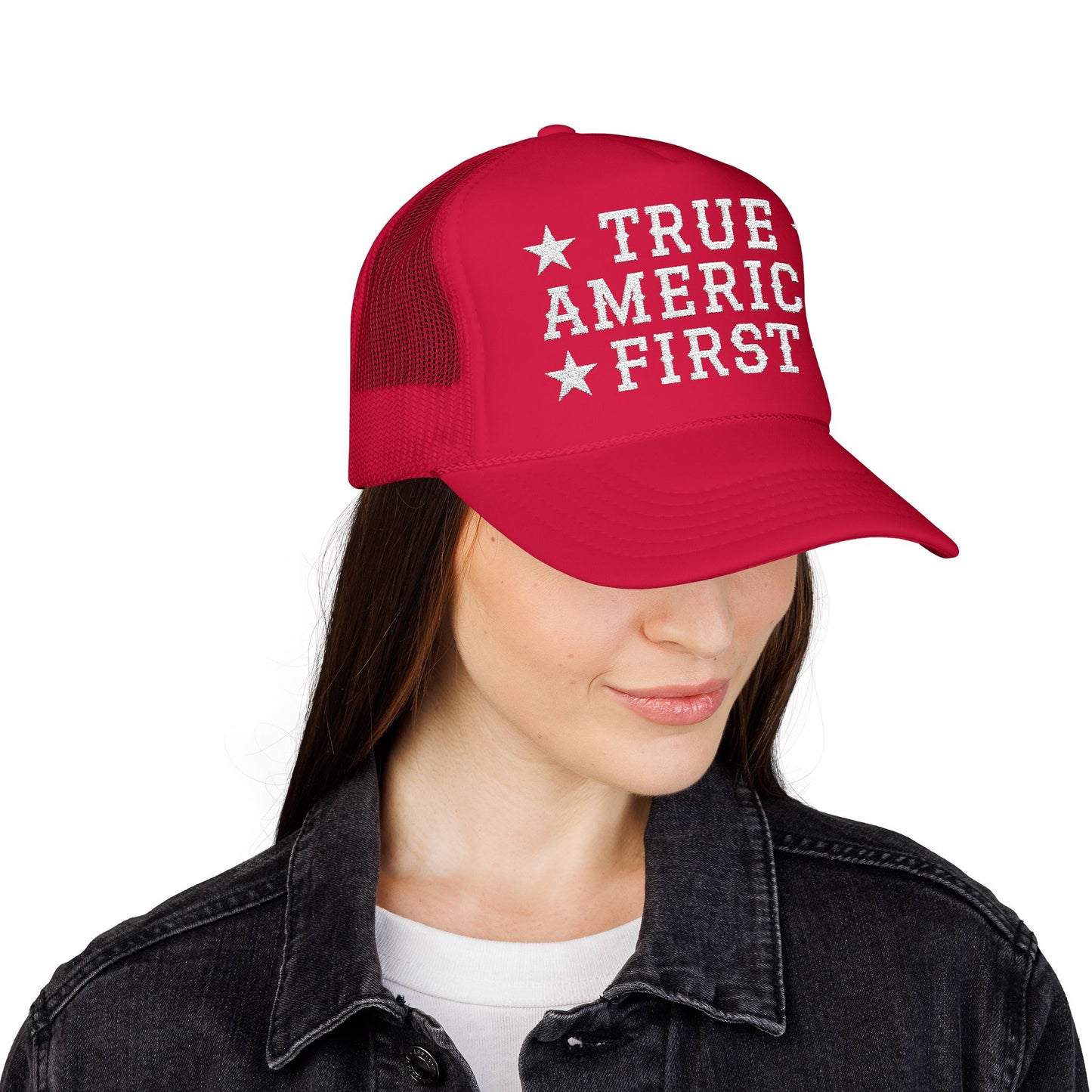True America First Embroidered Trucker Hat - Patriotic Red Mesh Cap