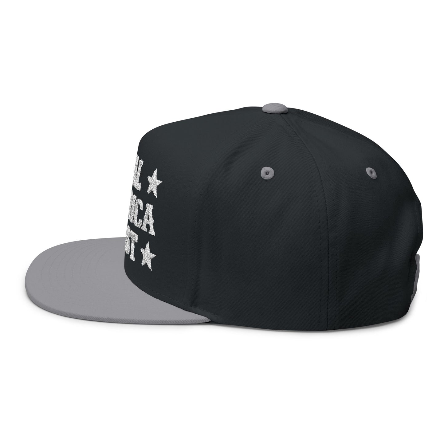 "Real America First" Embroidered Patriotic Snapback Flat Bill Cap | Five-Panel High-Profile