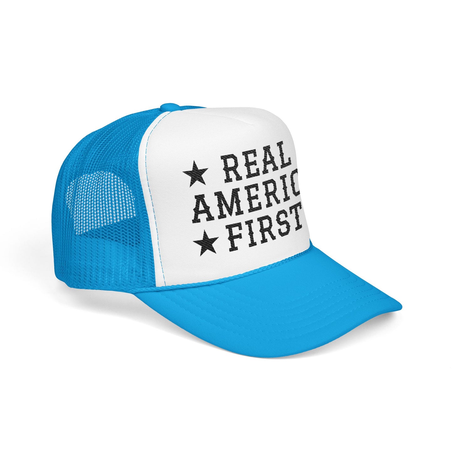 Real America First black Embroidered Trucker Hat