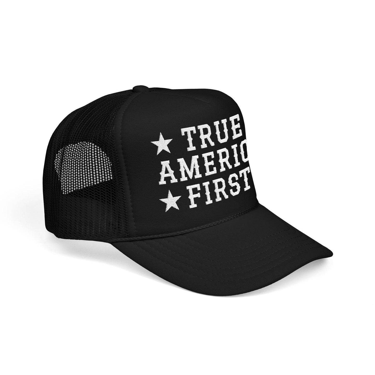 True America First Embroidered Trucker Hat - Patriotic Red Mesh Cap
