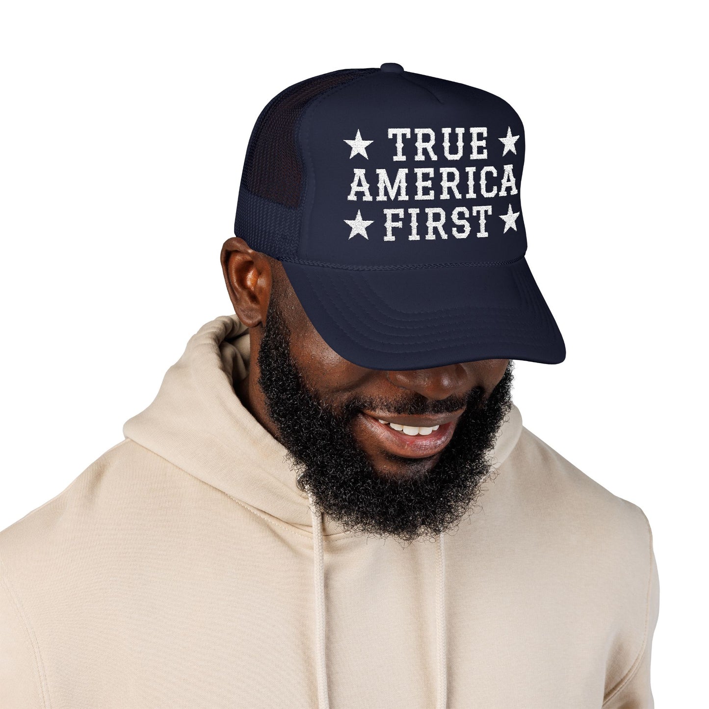 True America First Embroidered Trucker Hat - Patriotic Red Mesh Cap