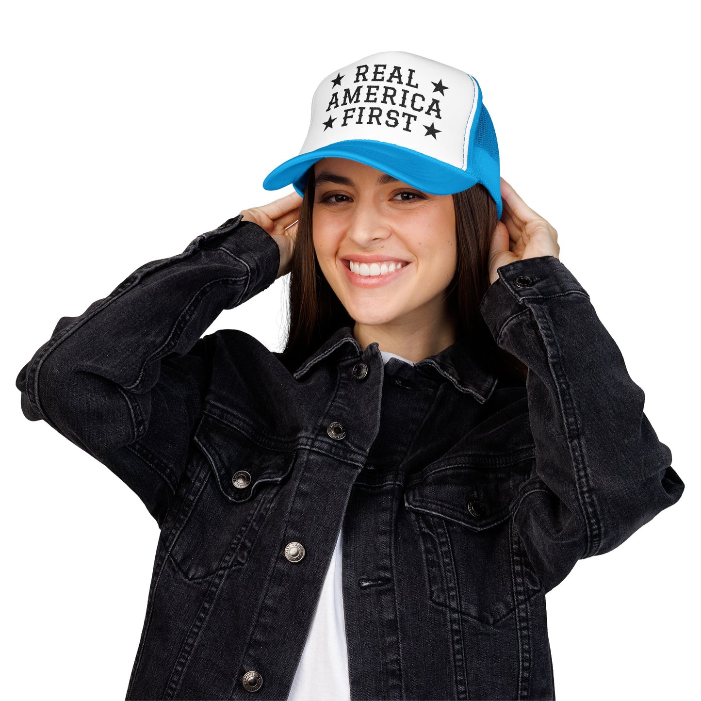 Real America First black Embroidered Trucker Hat