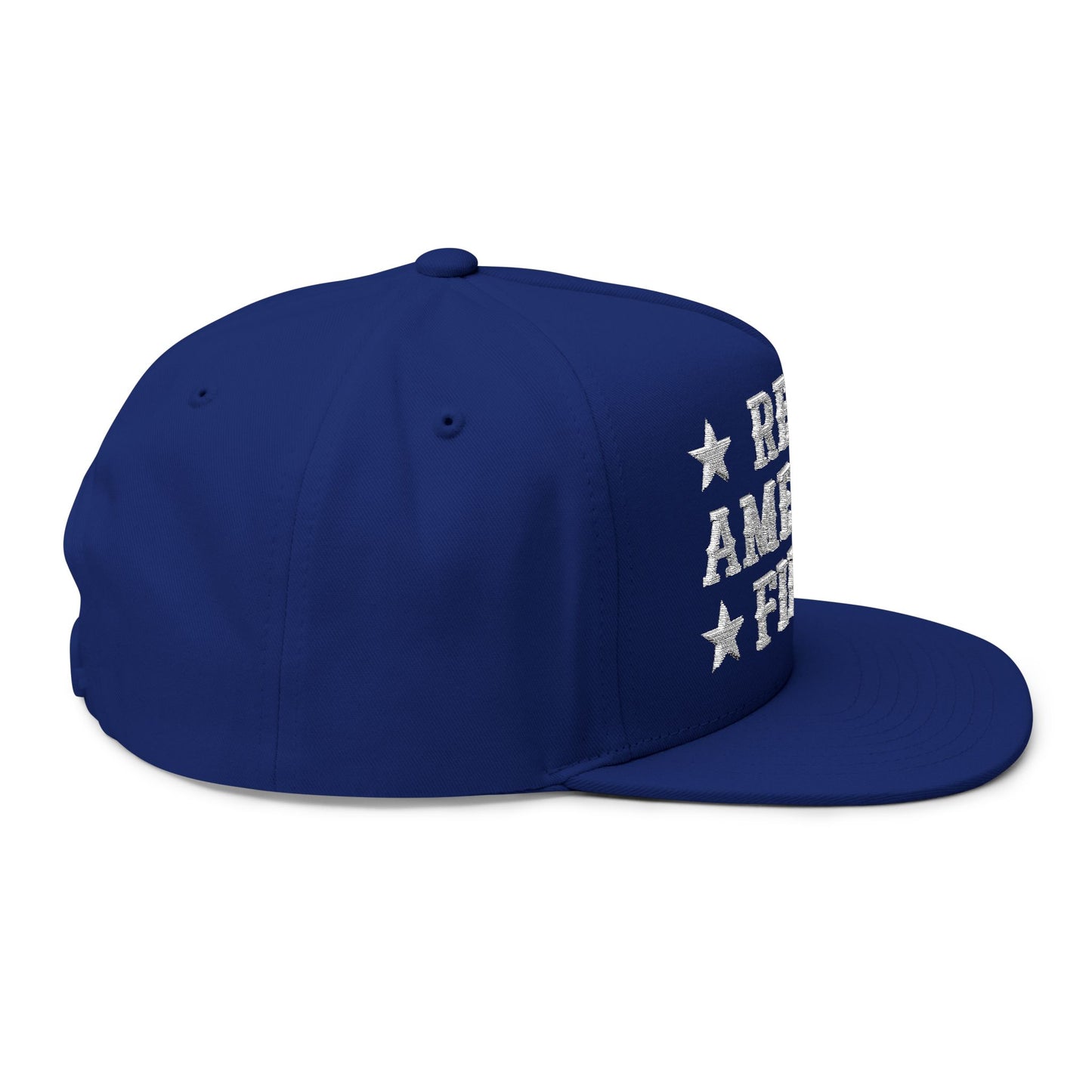 "Real America First" Embroidered Patriotic Snapback Flat Bill Cap | Five-Panel High-Profile