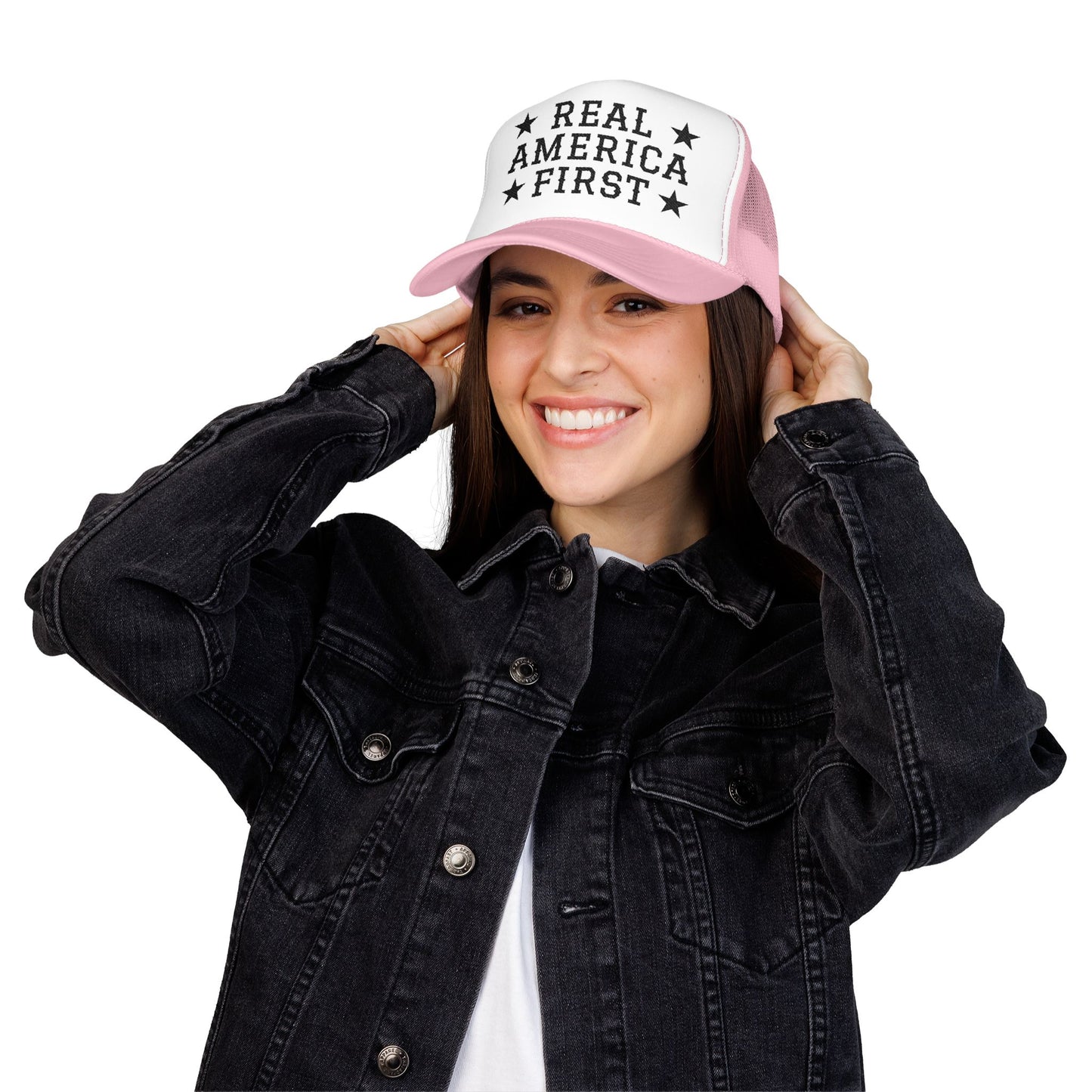 Real America First black Embroidered Trucker Hat
