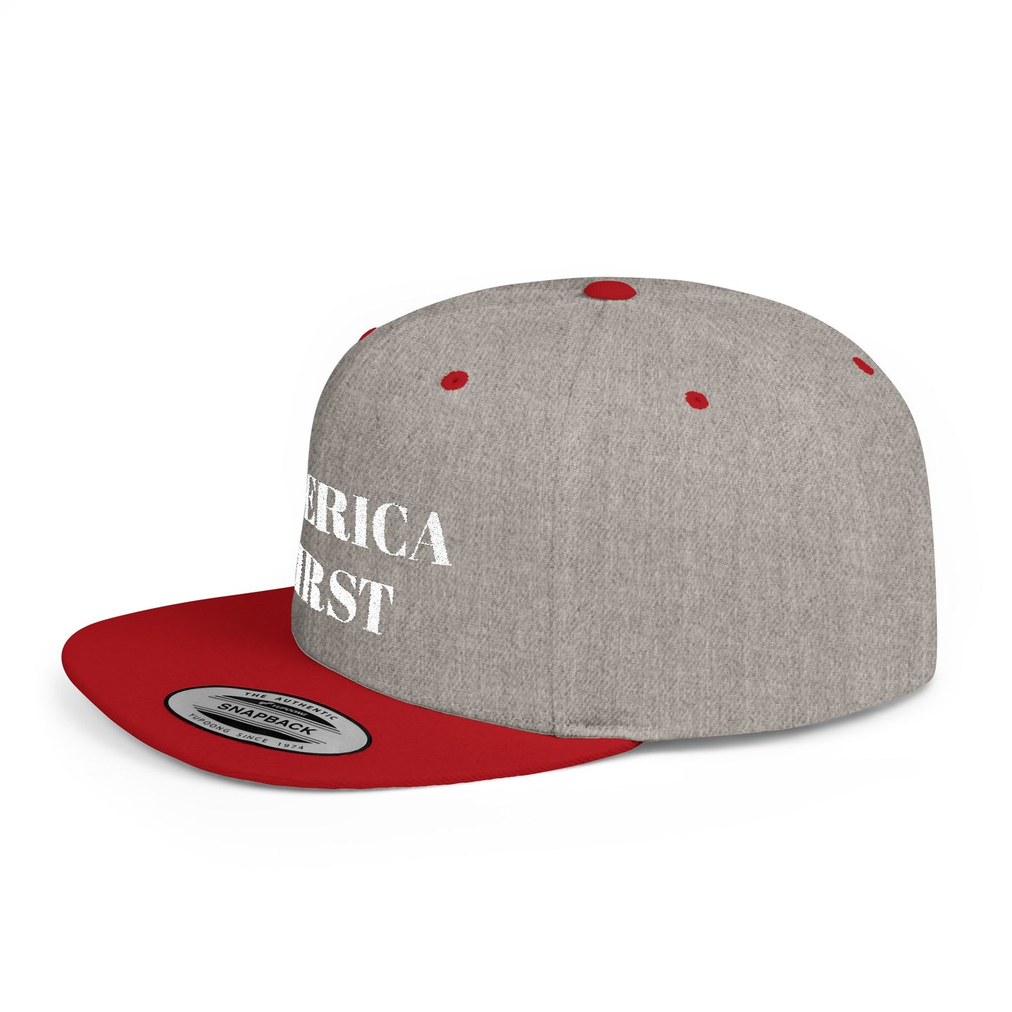 Personalized America First Flat Bill Snapback Hat — Patriotic Distressed Baseball Cap