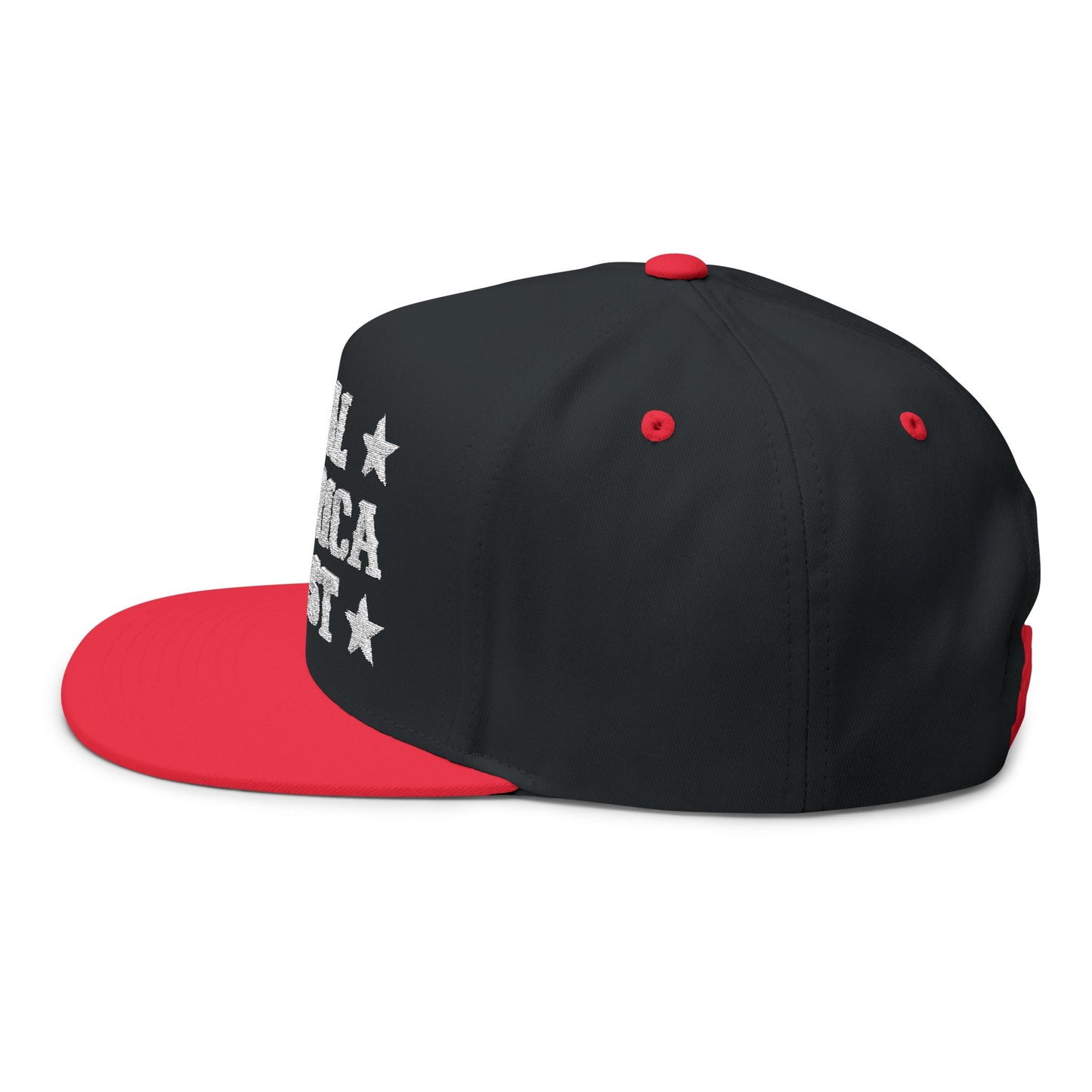"Real America First" Embroidered Patriotic Snapback Flat Bill Cap | Five-Panel High-Profile