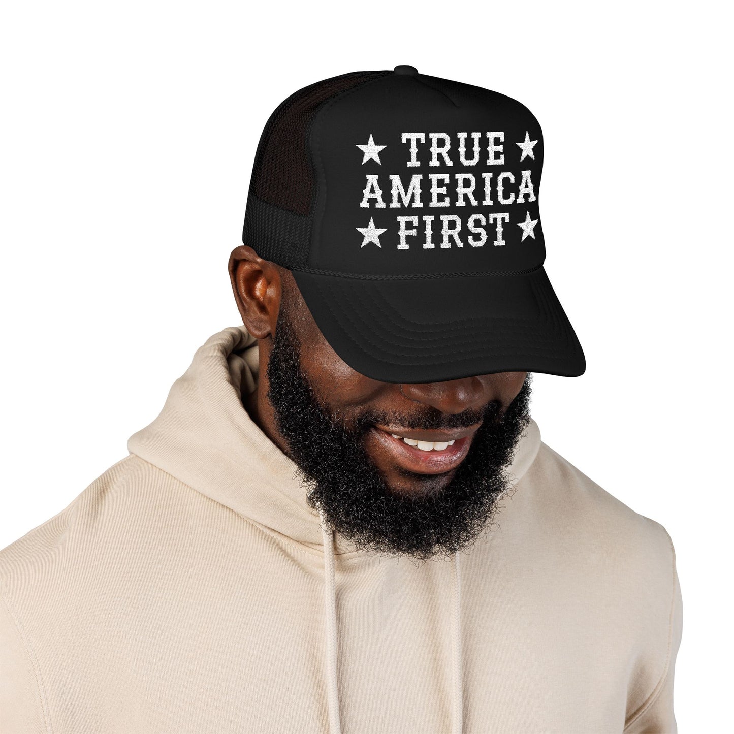 True America First Embroidered Trucker Hat - Patriotic Red Mesh Cap