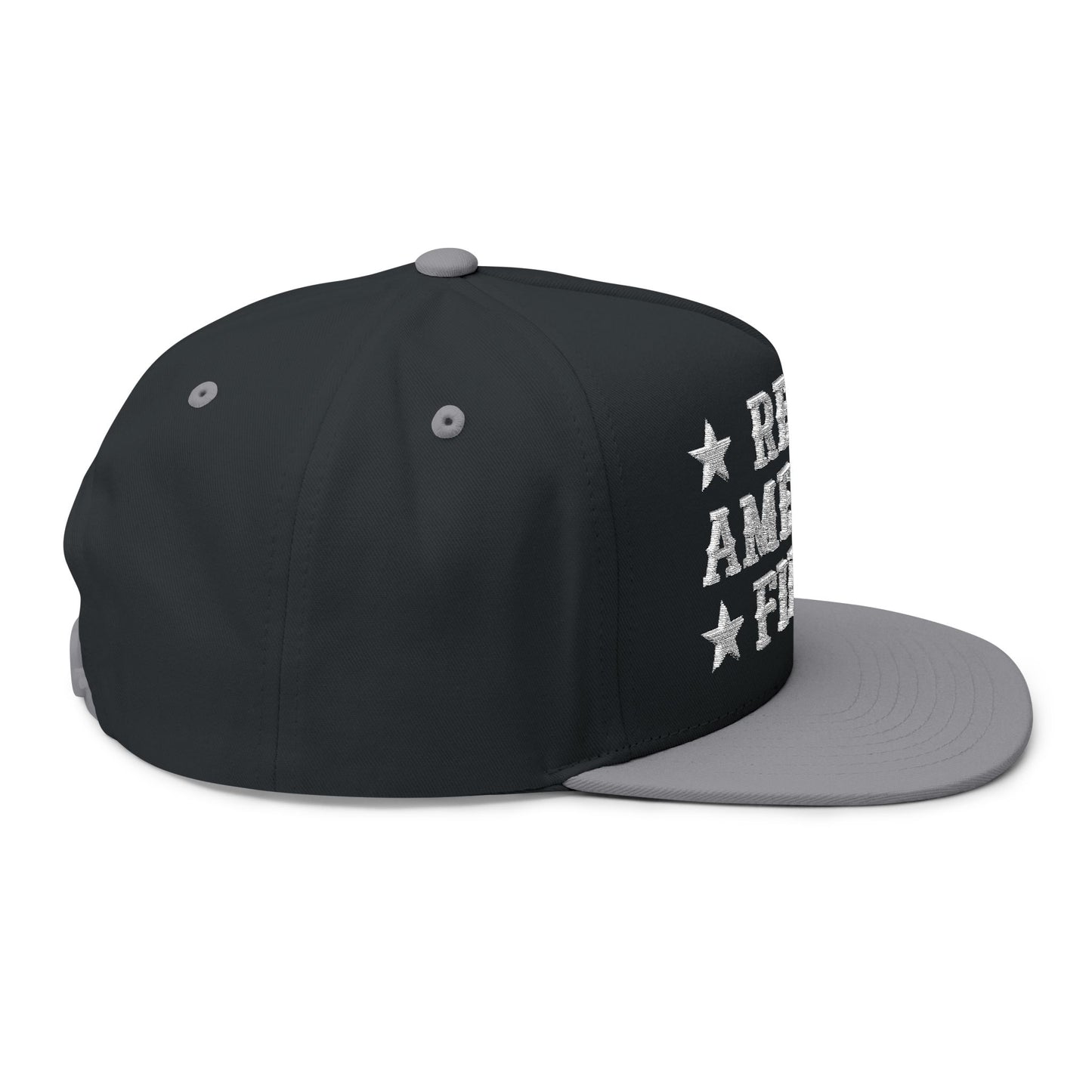 "Real America First" Embroidered Patriotic Snapback Flat Bill Cap | Five-Panel High-Profile