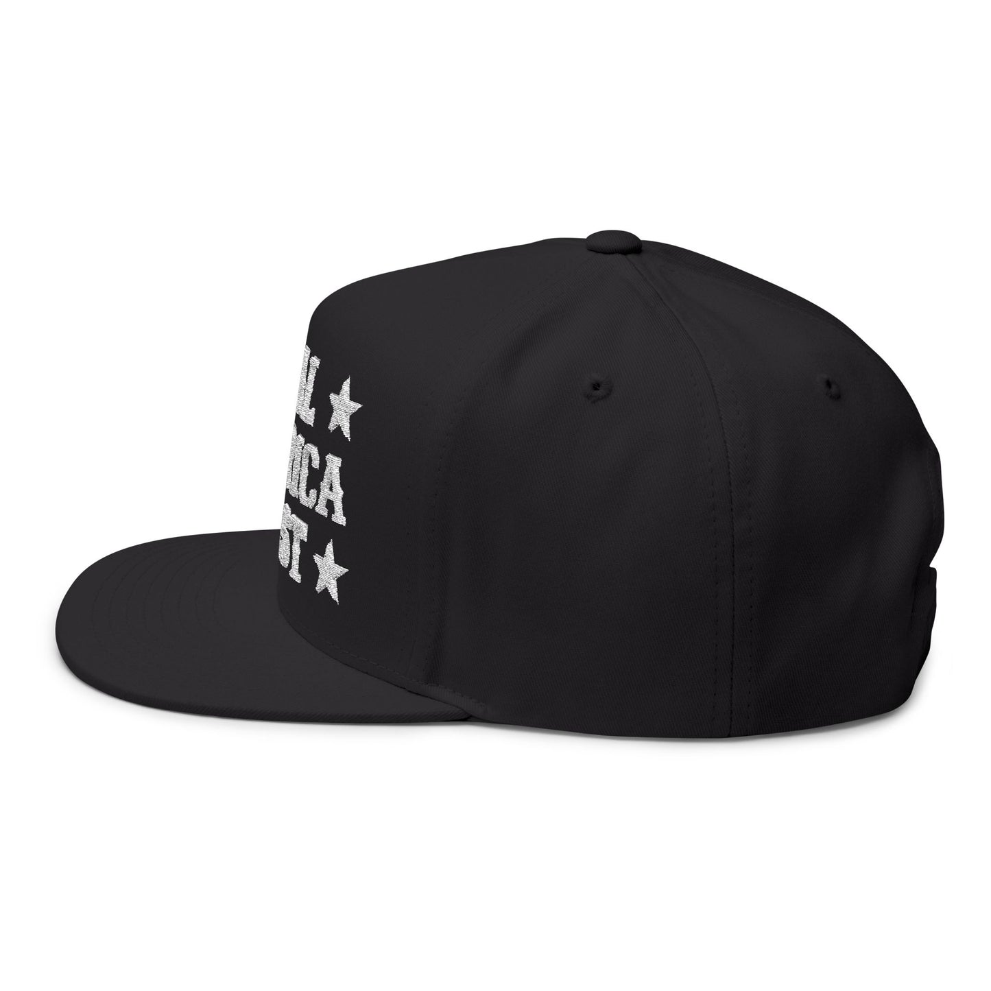 "Real America First" Embroidered Patriotic Snapback Flat Bill Cap | Five-Panel High-Profile