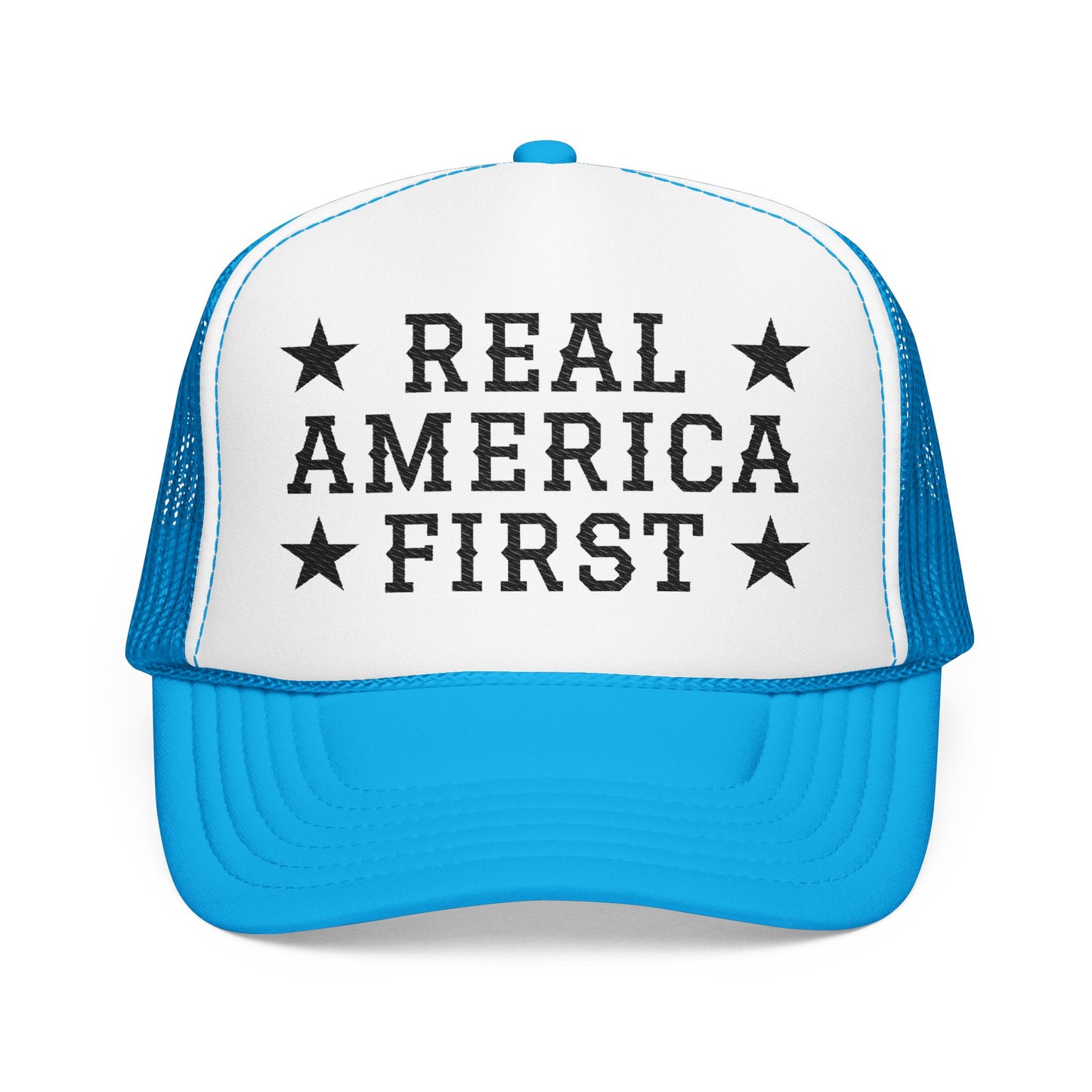 Real America First black Embroidered Trucker Hat
