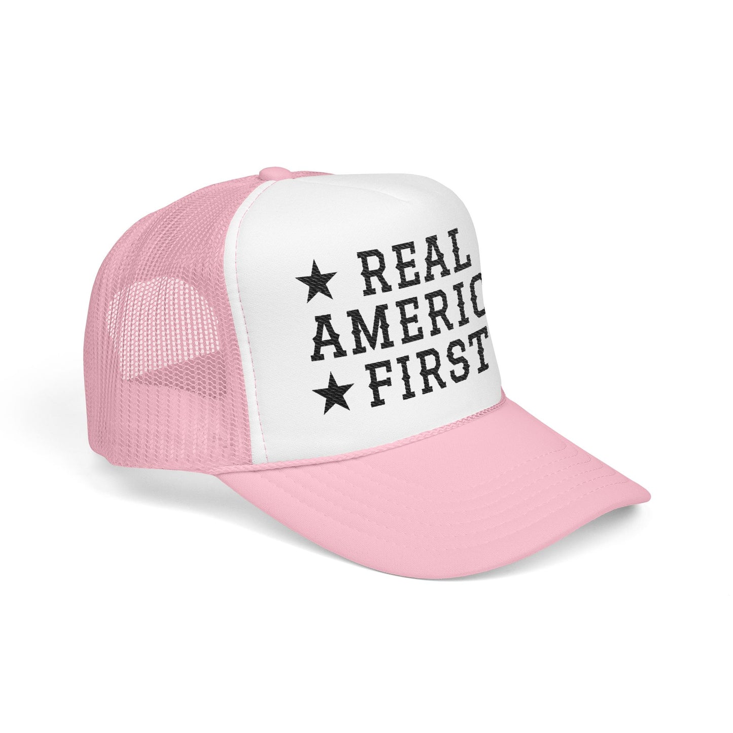 Real America First black Embroidered Trucker Hat