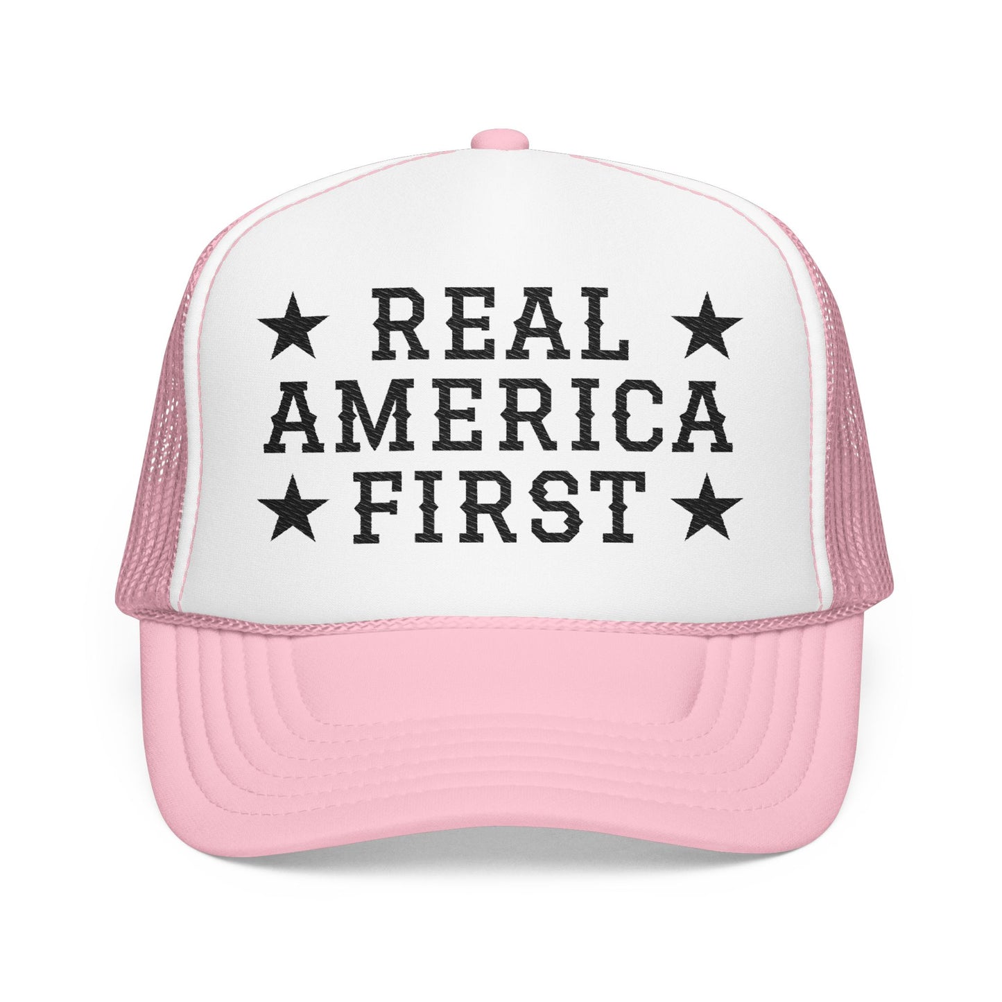 Real America First black Embroidered Trucker Hat