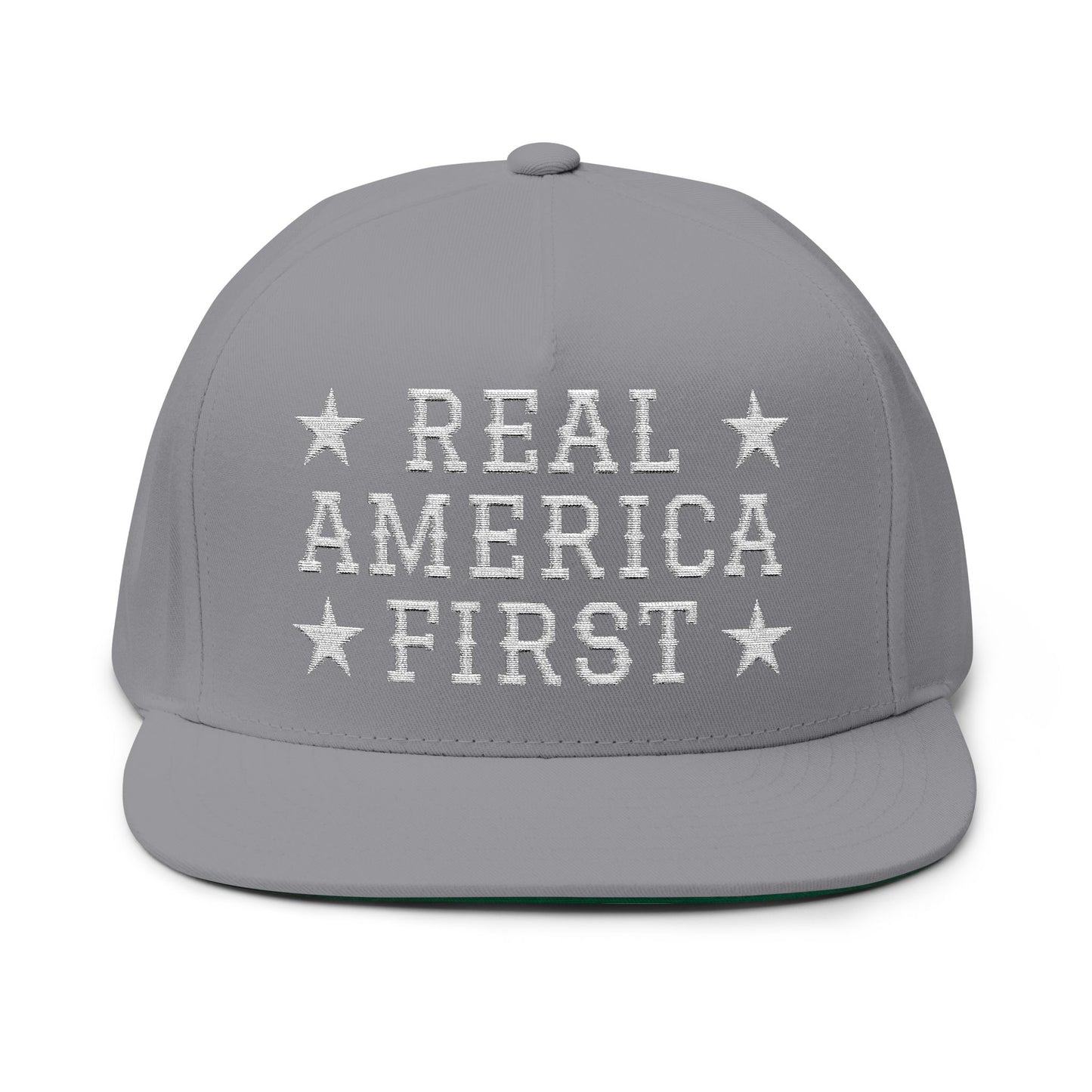 "Real America First" Embroidered Patriotic Snapback Flat Bill Cap | Five-Panel High-Profile