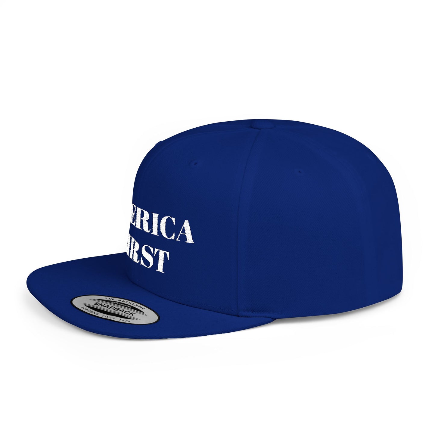 Personalized America First Flat Bill Snapback Hat — Patriotic Distressed Baseball Cap
