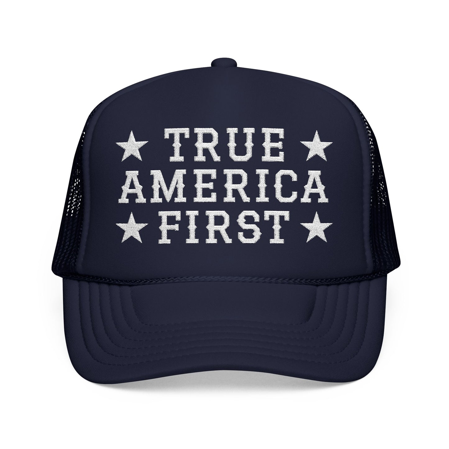 True America First Embroidered Trucker Hat - Patriotic Red Mesh Cap