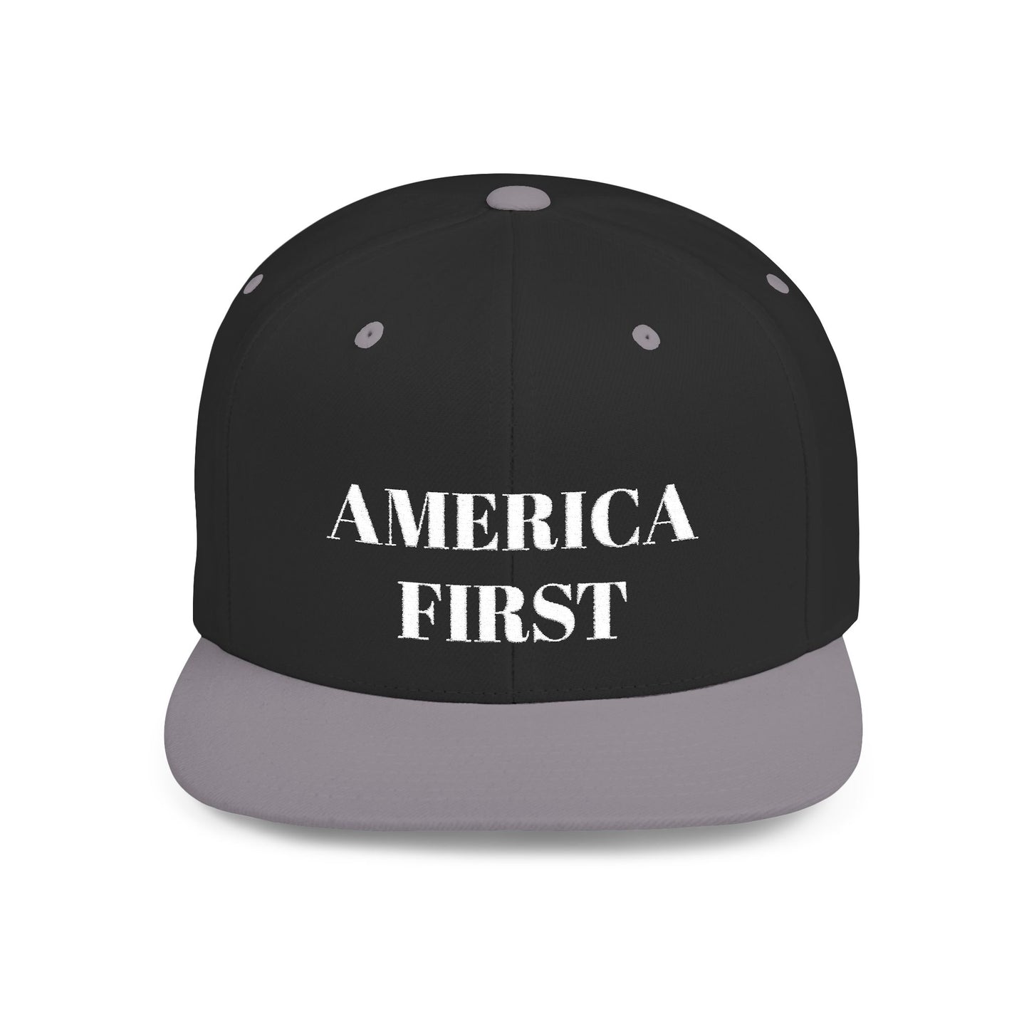 Personalized America First Flat Bill Snapback Hat — Patriotic Distressed Baseball Cap