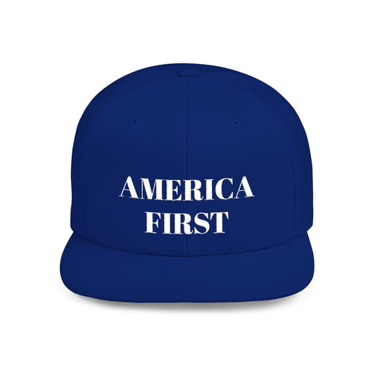 Personalized America First Flat Bill Snapback Hat — Patriotic Distressed Baseball Cap