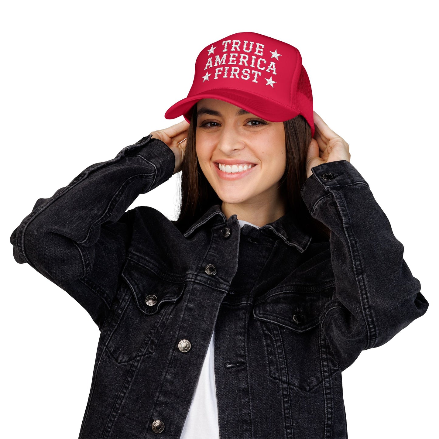 True America First Embroidered Trucker Hat - Patriotic Red Mesh Cap