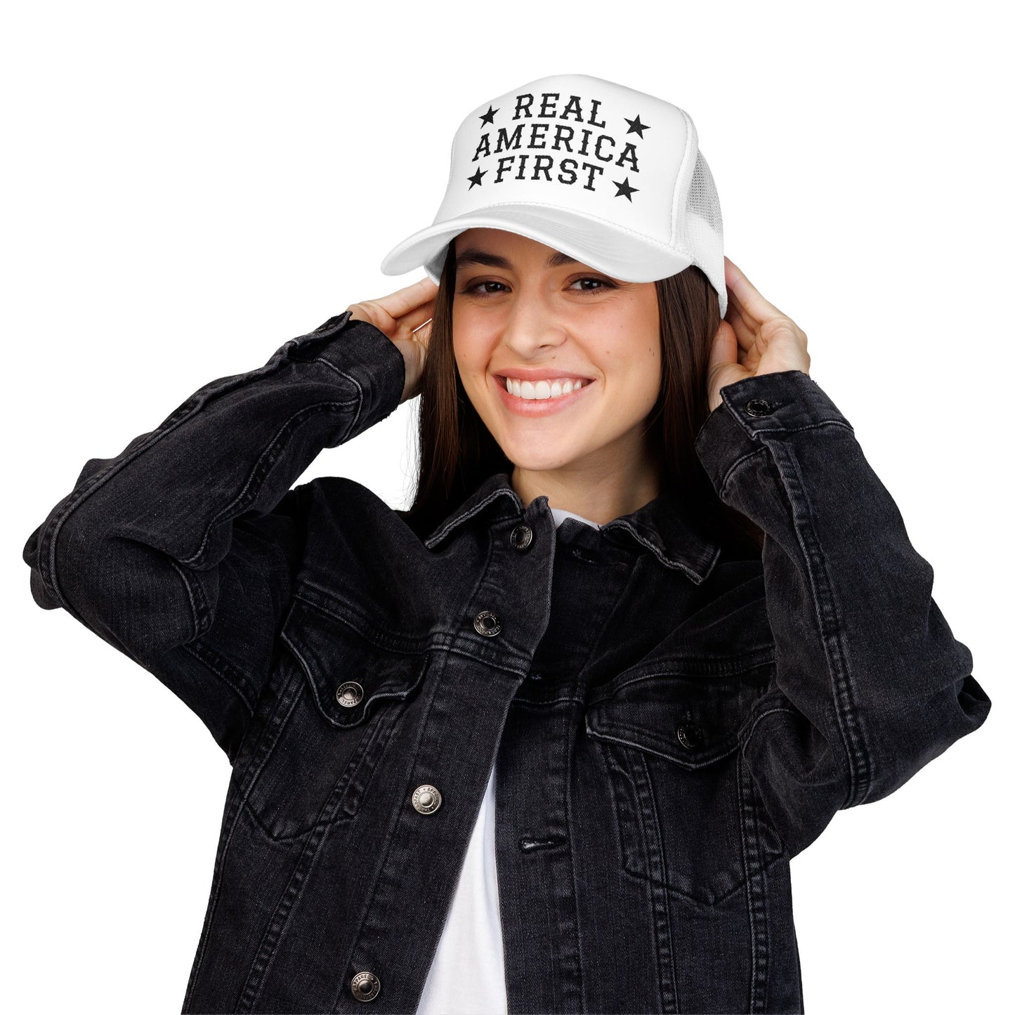 Real America First black Embroidered Trucker Hat