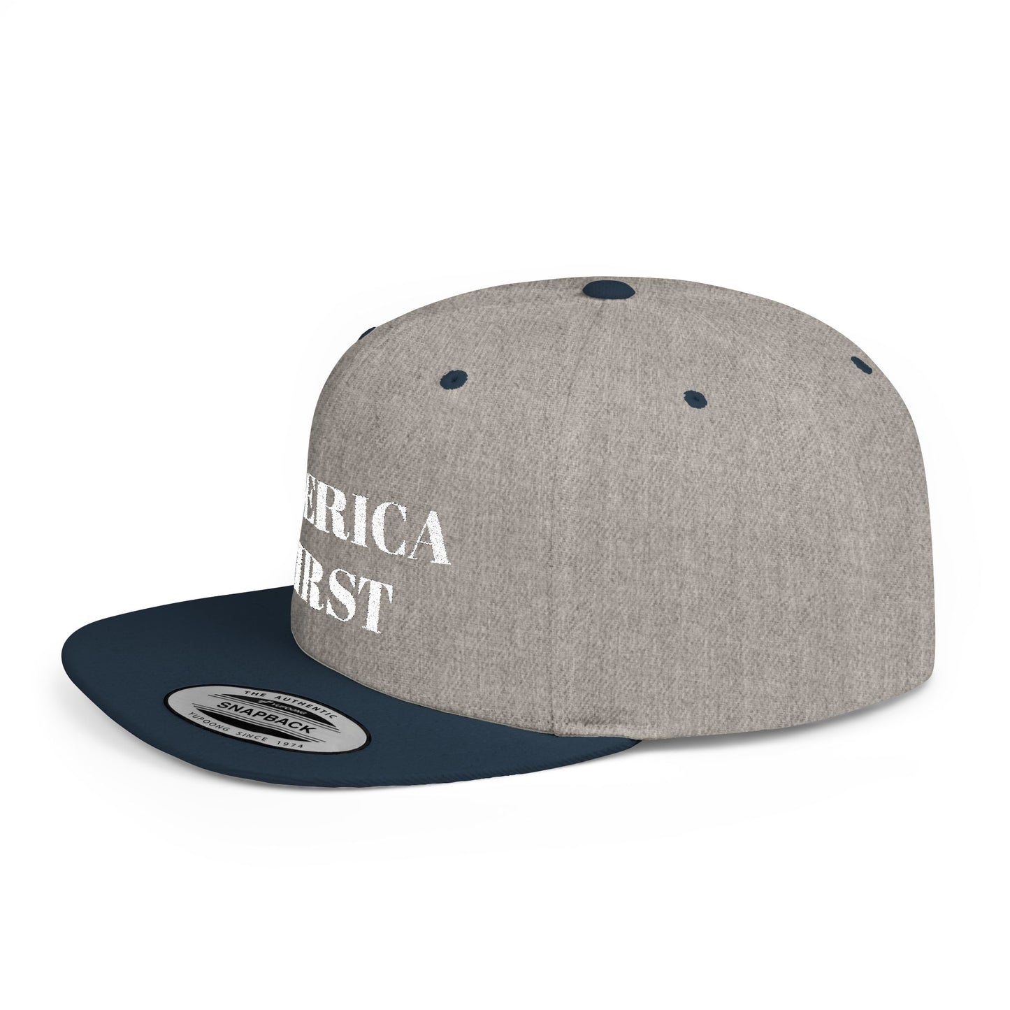 Personalized America First Flat Bill Snapback Hat — Patriotic Distressed Baseball Cap