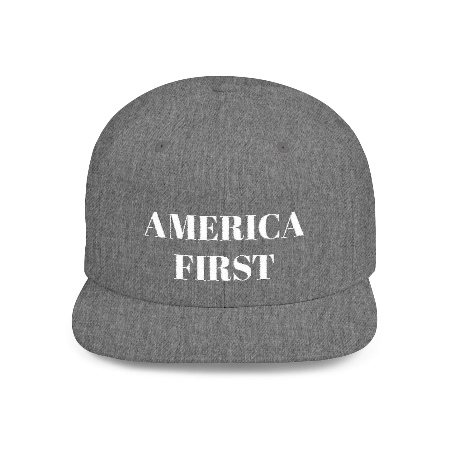 Personalized America First Flat Bill Snapback Hat — Patriotic Distressed Baseball Cap