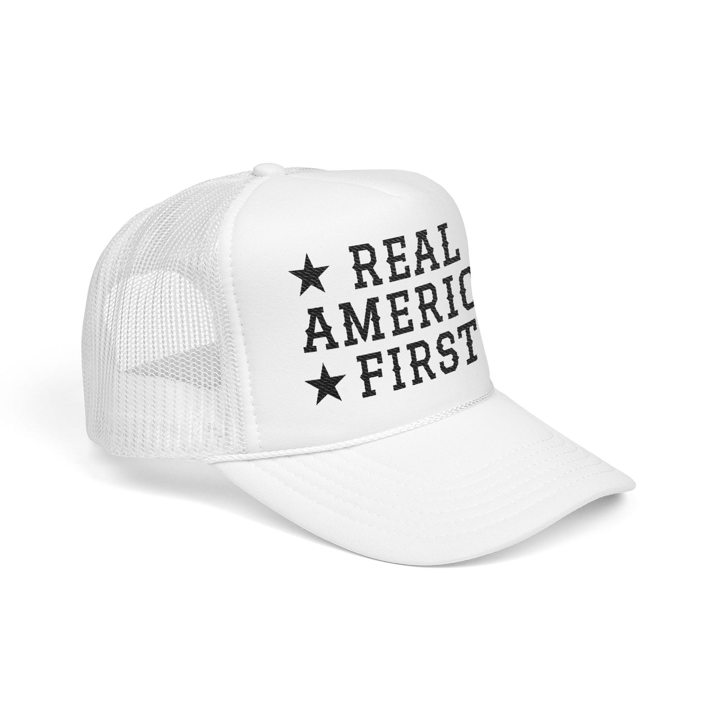 Real America First black Embroidered Trucker Hat