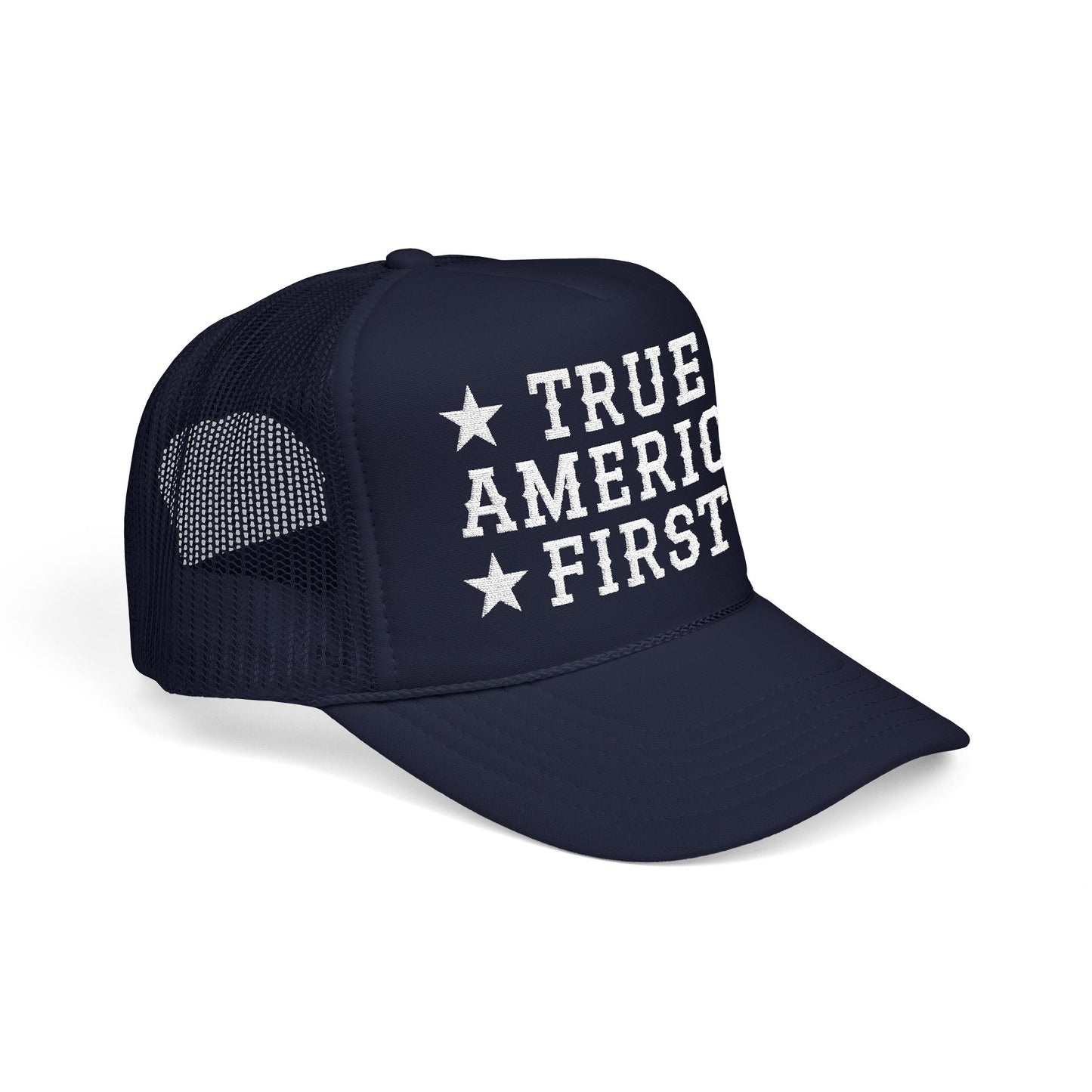 True America First Embroidered Trucker Hat - Patriotic Red Mesh Cap