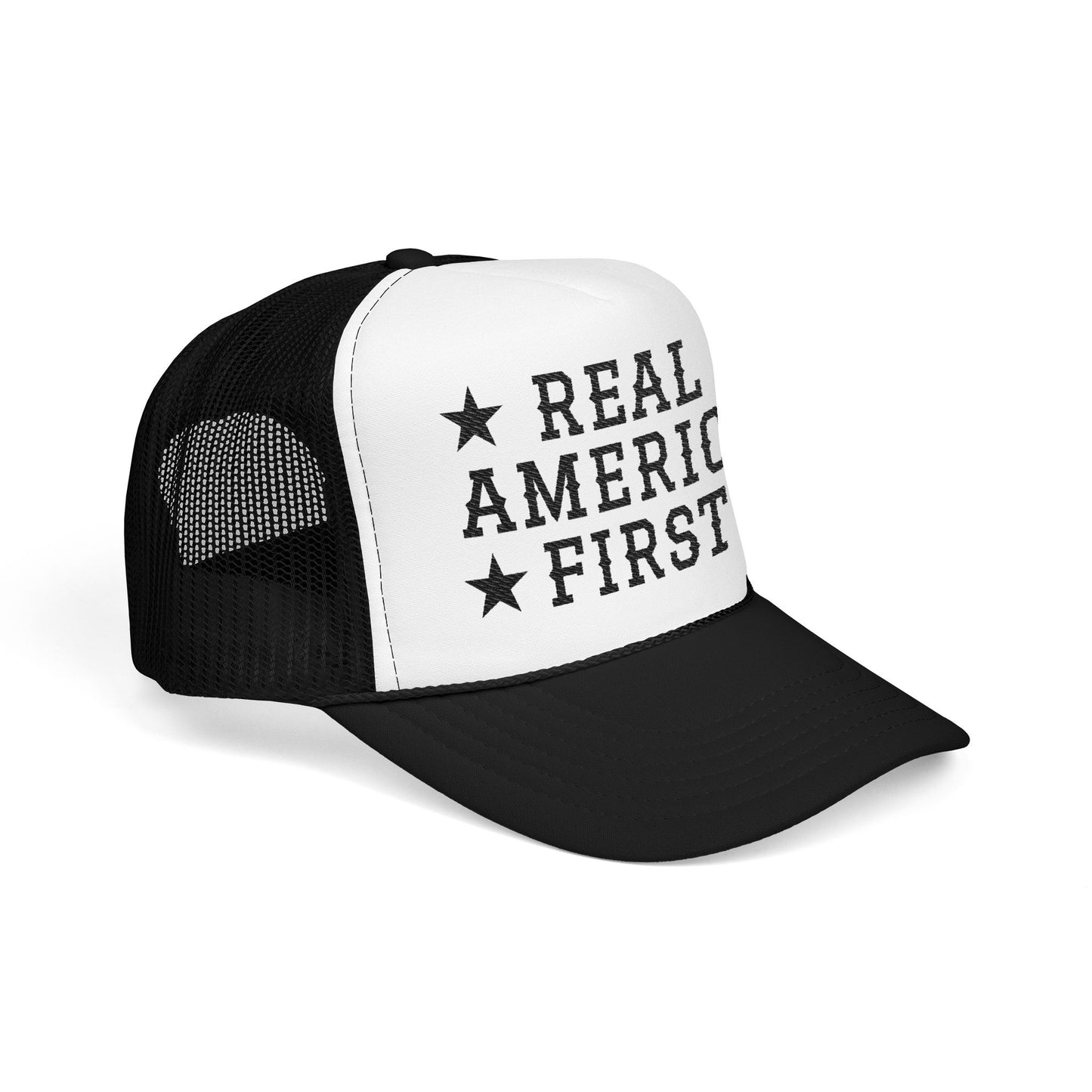 Real America First black Embroidered Trucker Hat