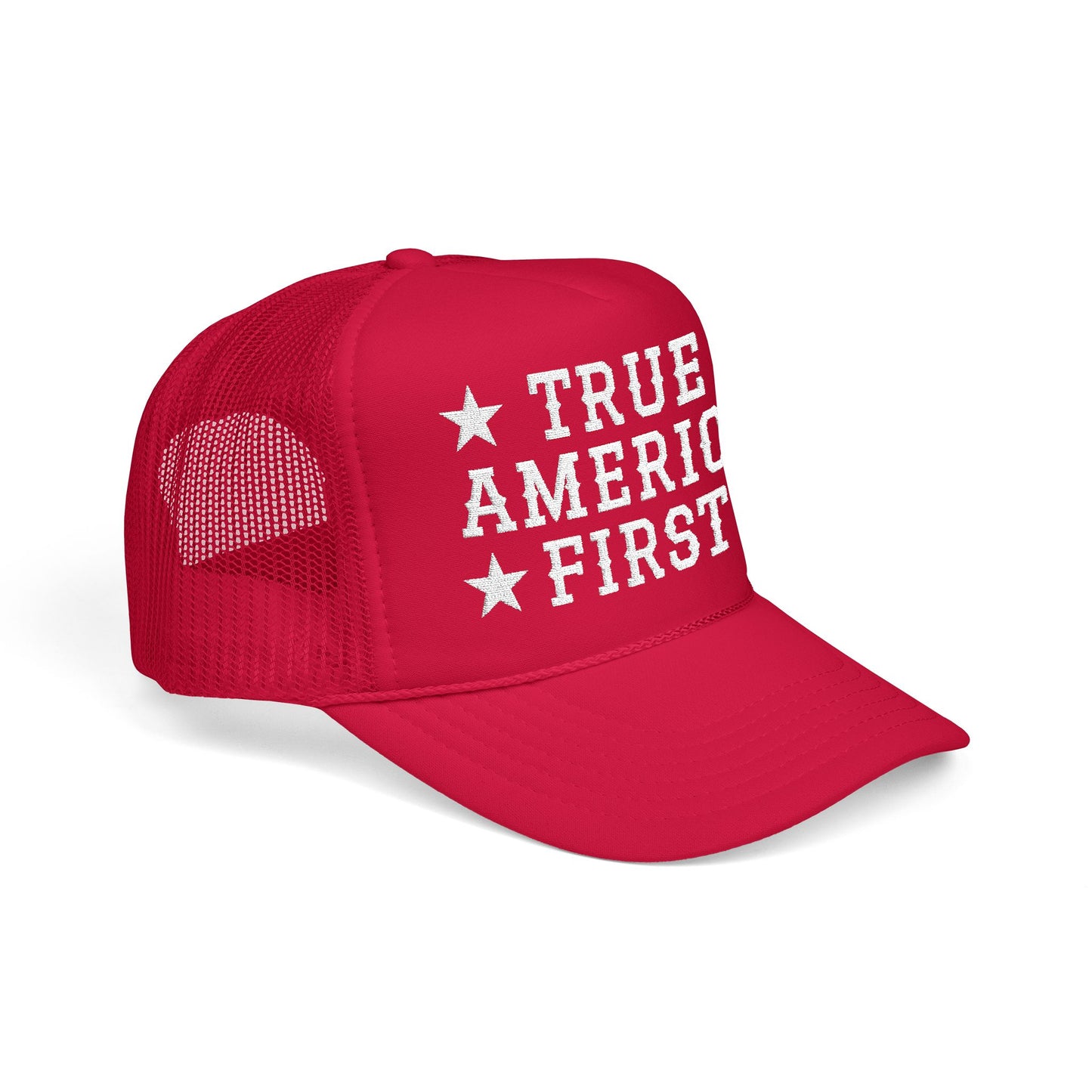 True America First Embroidered Trucker Hat - Patriotic Red Mesh Cap