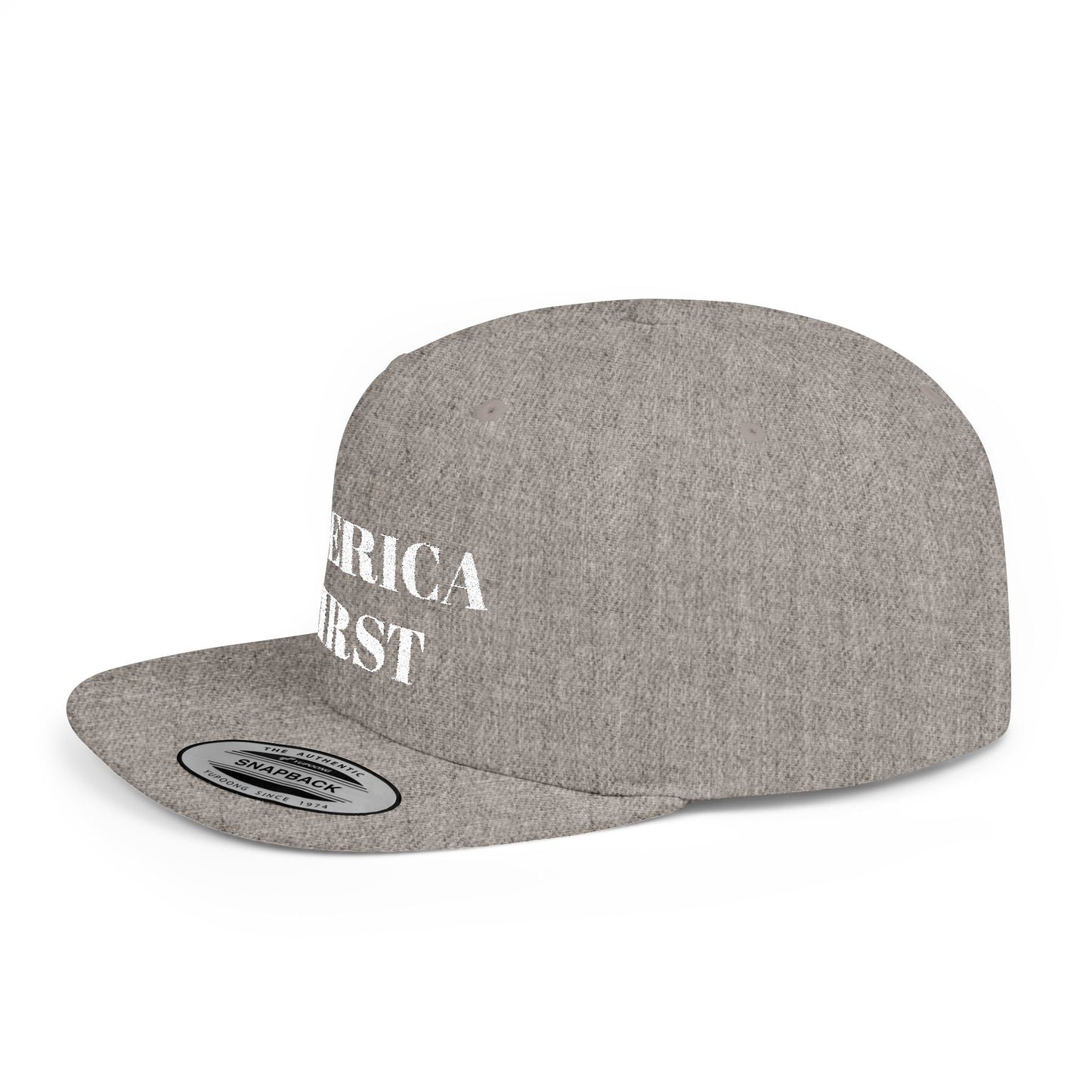 Personalized America First Flat Bill Snapback Hat — Patriotic Distressed Baseball Cap