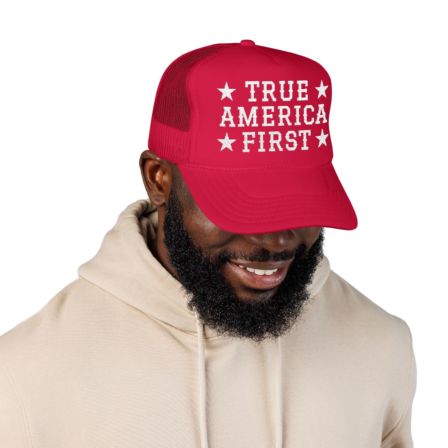 True America First Embroidered Trucker Hat - Patriotic Red Mesh Cap