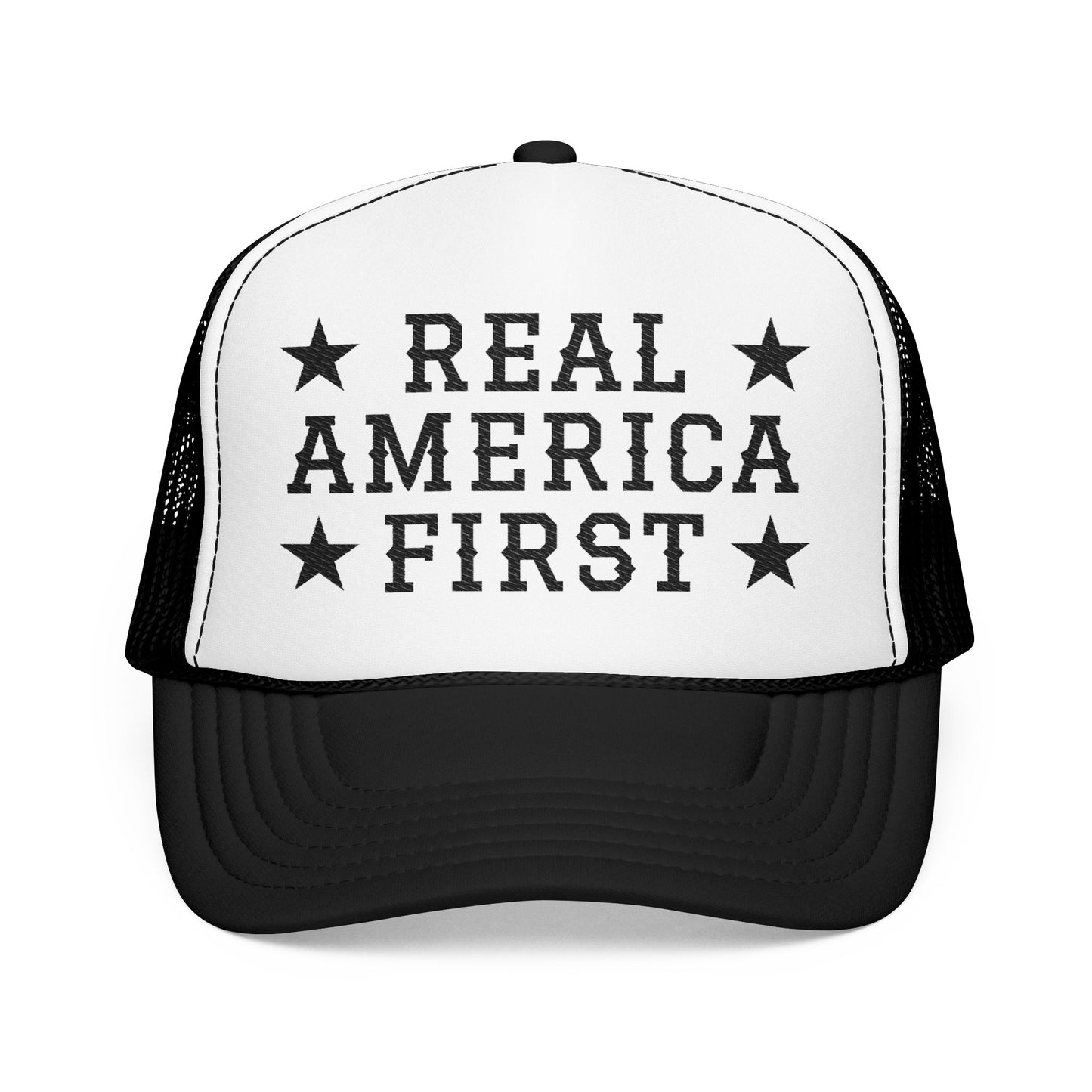 Real America First black Embroidered Trucker Hat