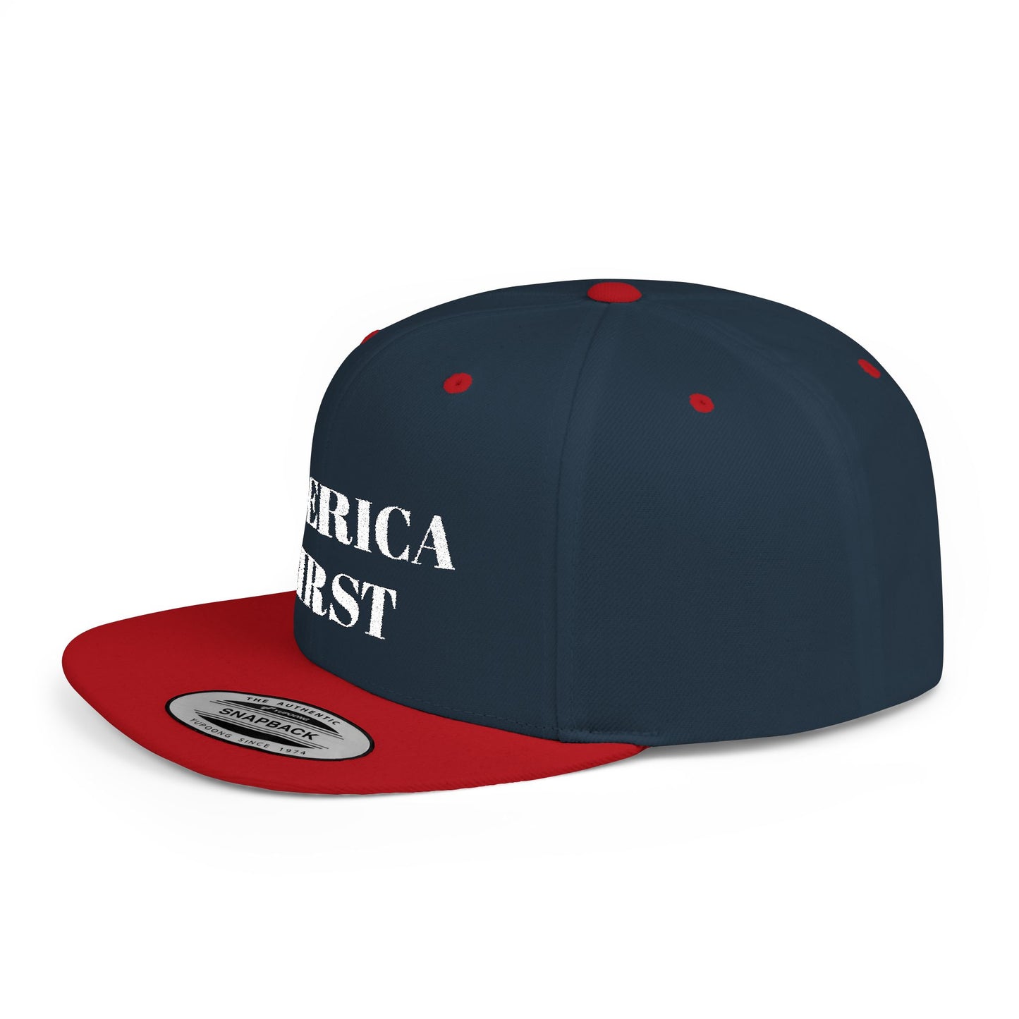 Personalized America First Flat Bill Snapback Hat — Patriotic Distressed Baseball Cap