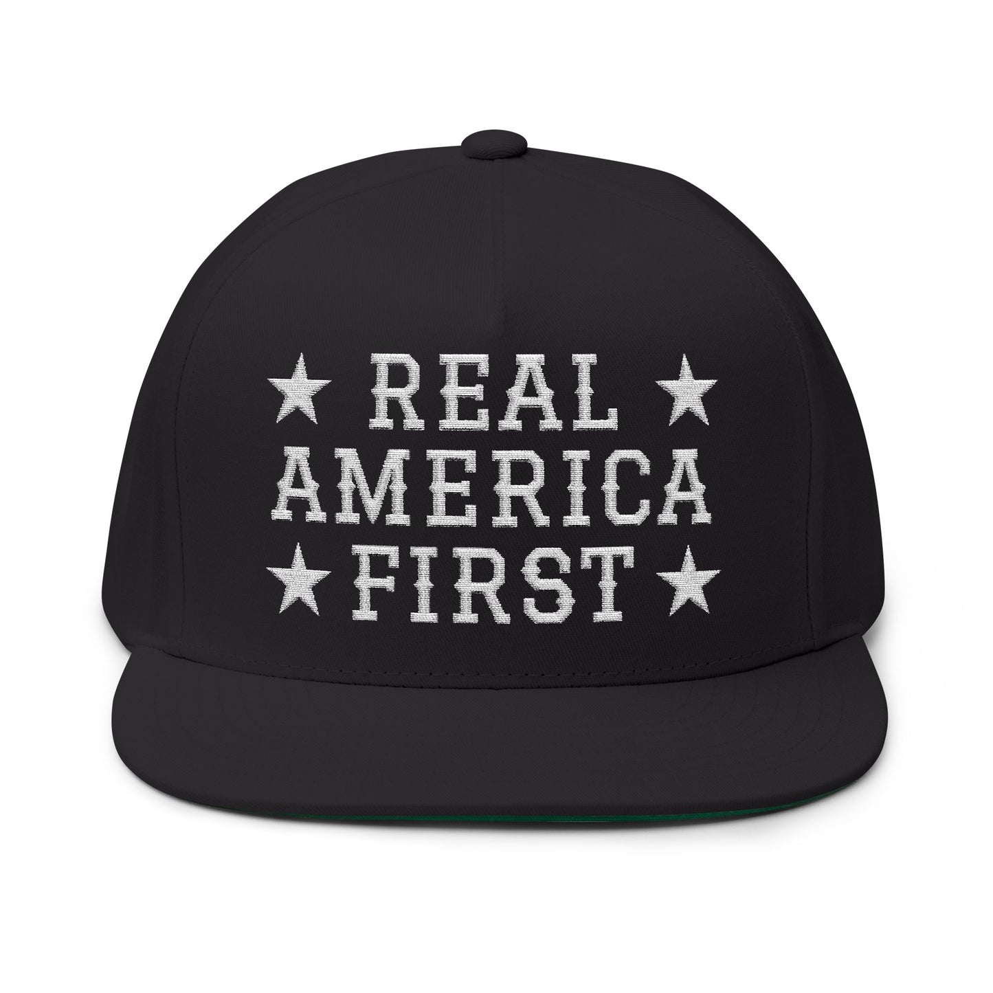 "Real America First" Embroidered Patriotic Snapback Flat Bill Cap | Five-Panel High-Profile