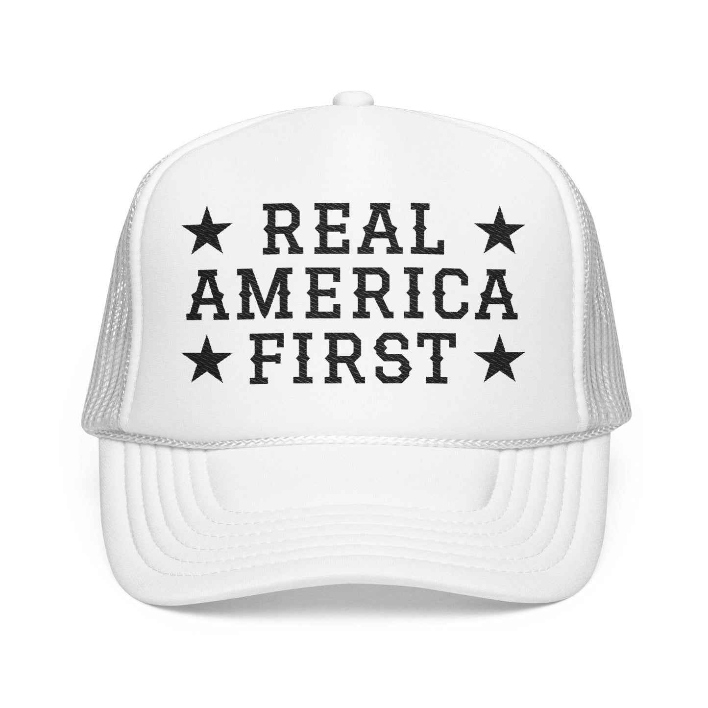 Real America First black Embroidered Trucker Hat