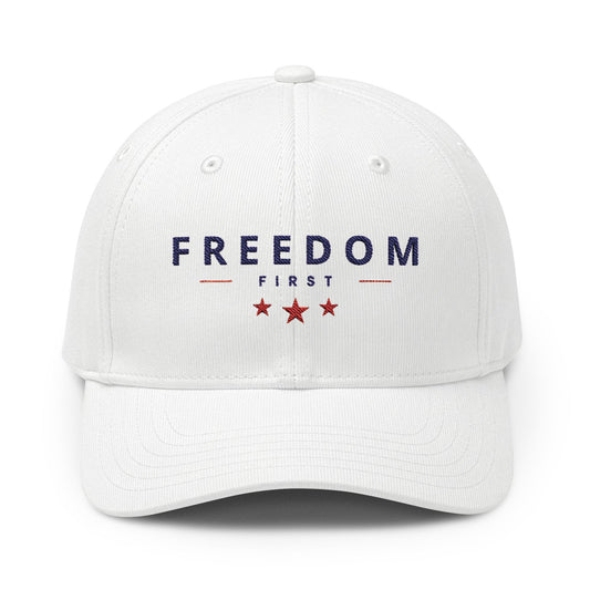 Freedom First Baseball Cap, Patriotic Embroidered Cap (adidas Alliance blank), White / Black