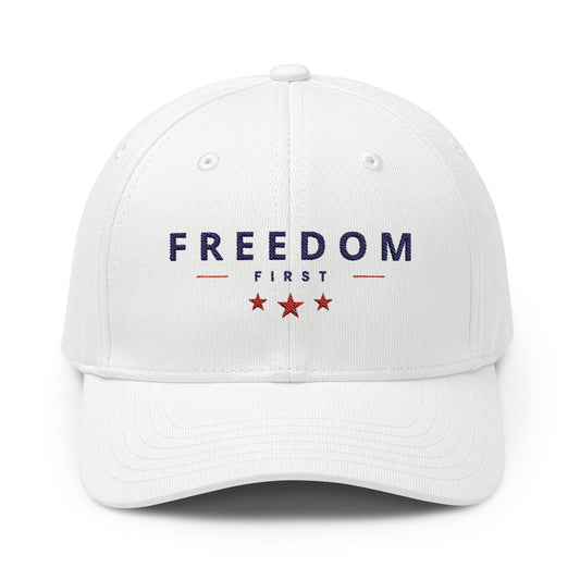 Freedom First Baseball Cap, Patriotic Adjustable Hat, White / Black