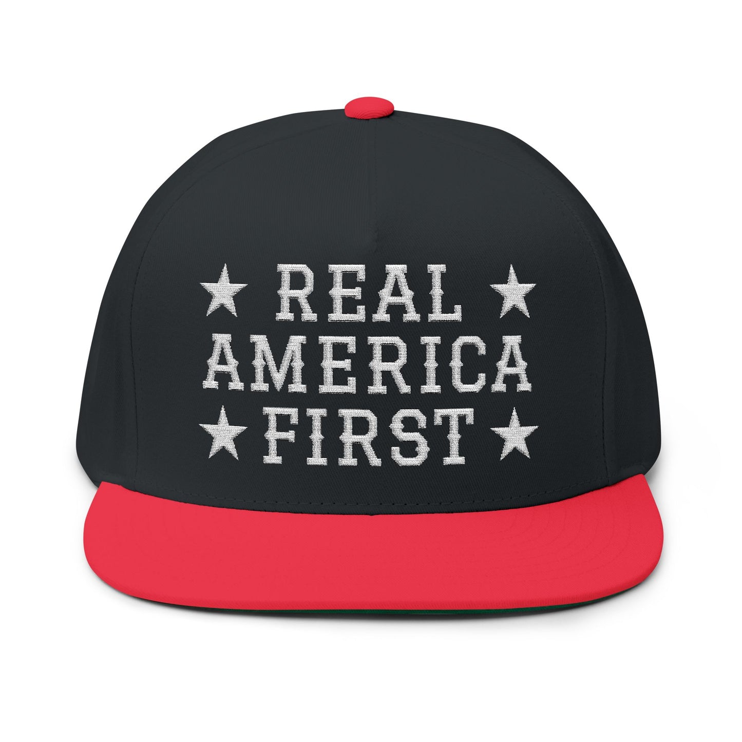 "Real America First" Embroidered Patriotic Snapback Flat Bill Cap | Five-Panel High-Profile